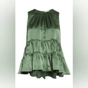 Cinq A Sept Shari Tiered Peplum Silk Blouse Hemp Green Women's Xsmall XS
